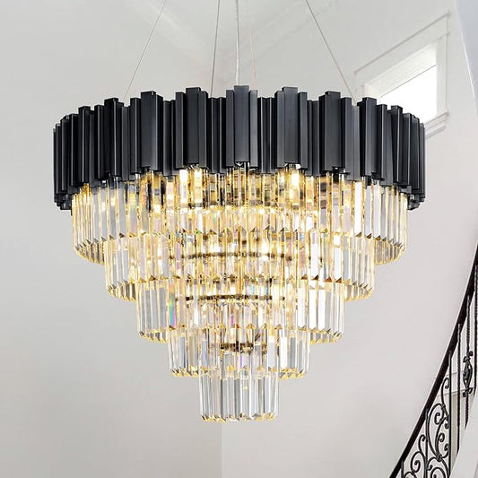 5-Tier 27.5" Black Chandelier, 9-Light Modern Crystal Chandelier, Luxury Round K9 Crystal Chandeliers Pendant Light Fixture for Dining Room, Living Room, Bedroom, Foyer, Entryway, Kitchen, Restaurant
