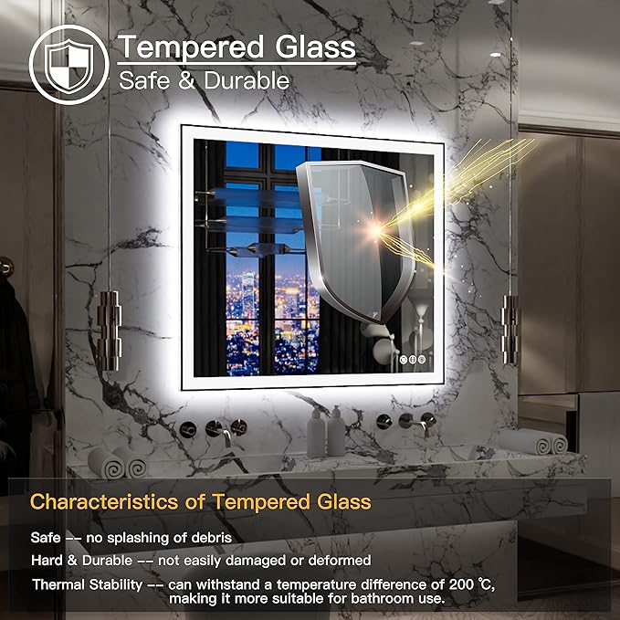 LED Bathroom Mirror 40x36 with Backlit and Front Lighted, Framed Dimmable Illuminated Mirror for Wall Anti-Fog Shatterproof (Horizontal/Vertical)