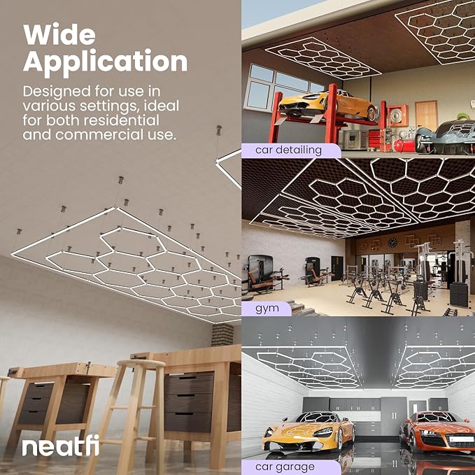 Neatfi LED Hexagon Garage Lights with 60,720 Lumens, 6500K, 552W, IP54, Hexagon Lights for Garage, Auto Shops, Car Detailing, Barber Shops, Beauty Salon, and Gym (15 Hex with Hanging Kit, Cool White)