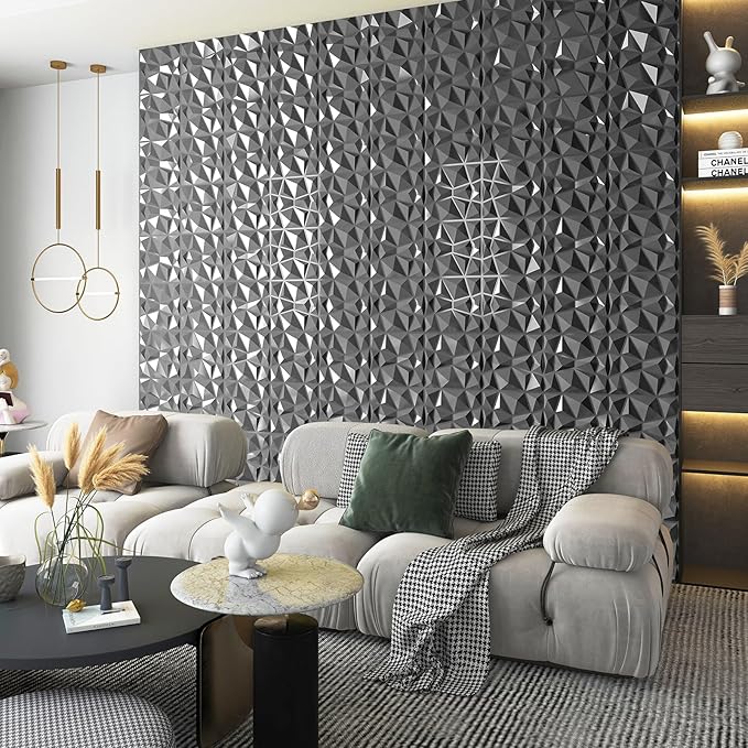 Art3d 3D Diamond Design Paneling for Interior Decor, Living Room, TV Wall Background, Bedroom, Gaming Setup, 11.8" x 11.8", Silver, 33 Pack