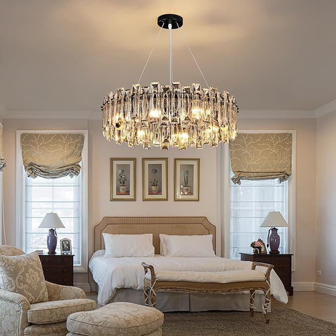 Modern Luxury K9 Crystal Chandelier 8-Lights Round Pendant Light Easy Install Ceiling Hanging Light Fixture for Dining Living Room Kitchen Island Entryway Foyer D23.6 Black