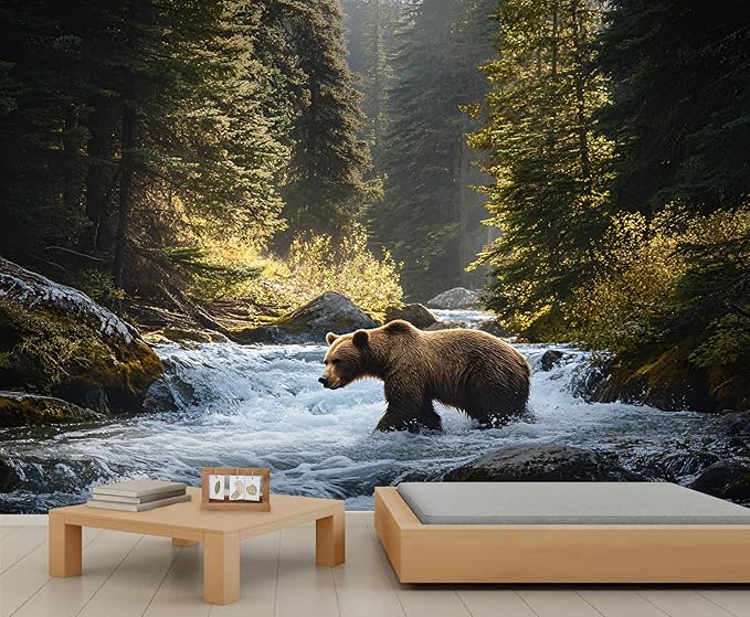 Brown Bear Mural Wallpaper, Forest Bear Murals, Natural Landscape Murals, Wallpaper for Living Room Bedroom Boy Girl Room Home Decor Mural (Not Peel Stick)