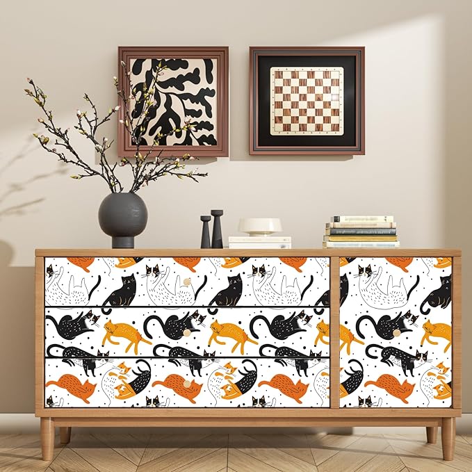 Cat Peel and Stick Wallpaper Boho Leaf Contact Paper Cute Animal Removable Self Adhesive Waterproof Wall Paper for Cabinet Drawers Wall Decor Renter Friendly 17.5''x118''