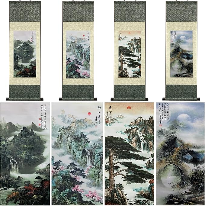 AtfArt 4 Pack Asian Wall Decor Silk Scroll Wall Art - Waterfall River Landscape - Beautiful Oriental Decor - Chinese Art Wall Scroll Hanging (4 Pack)