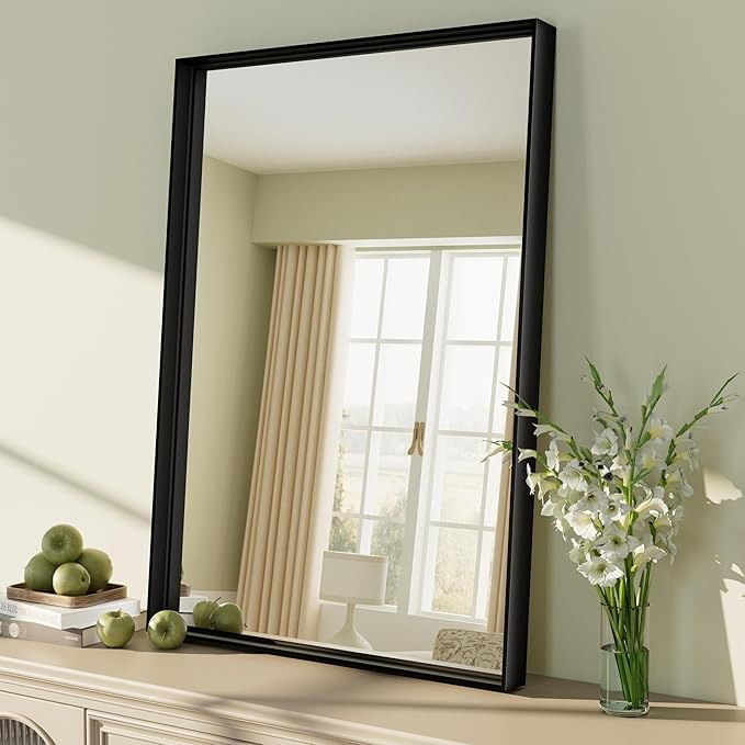 20x28 Inch Black Metal Framed Bathroom Mirror, Black Rectangular Mirror, Matte Black Mirror, Square Corner, Anti-Rust (Horizontal/Vertical)