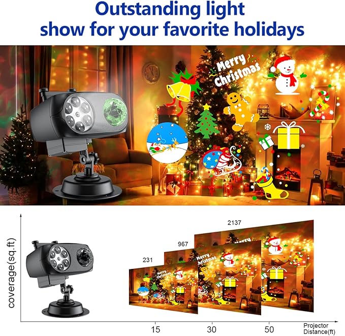 Christmas Light Projector Outdoor, RGBW Water Ripple with 10 Slides, 3D Moving Patterns, Remote Control Waterproof Christmas Projector Lights for Outdoor Yard House Garden Holiday Decorations