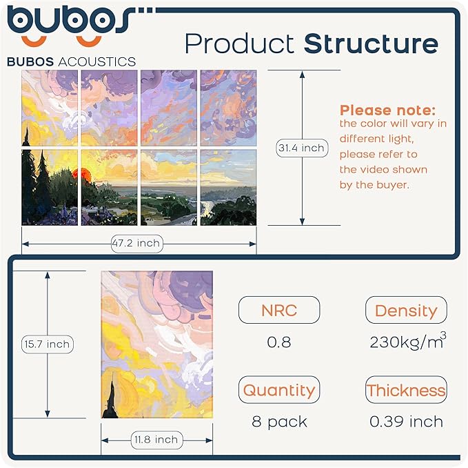 BUBOS 8 Pack Art Acoustic Panels Soundproof Wall Panel,47.2X31.4 Inches Sound Absorbing Panel,Self-Adhesive Decorative Acoustical Wall Panels, Acoustic Treatment for Ceiling Home Office(Oil Painting)