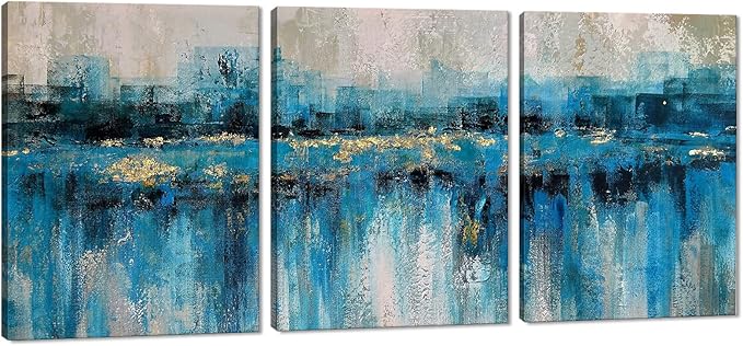 MAMAGO Modern Art Wall Decor Blue City Abstract Picture Print Painting for Living Room Bedroom Office Wall Art Framed Easy to Hang-12”W x 16”Hx3pcs