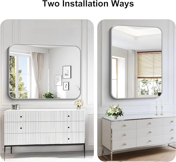 KOCUUY Silver Bathroom Mirror, 48x36 Inch Large Bathroom Mirror for Over Sink, HD Tempered Glass, Anti-Rust Brushed Silver Frame, Rounded Corner Modern Design for Bathroom, Hang Horizontal/Vertical