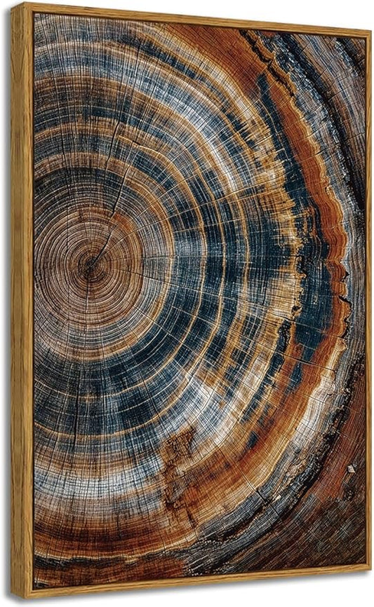 BingruiArt Framed Tree Ring Canvas Wall Art Abstract Wood Wall Decor Boho Modern Colorful Nature Painting Wood Stump Prints Pictures for Living Room Bedroom Bathroom Office 16"x24" Natural Framed(04)