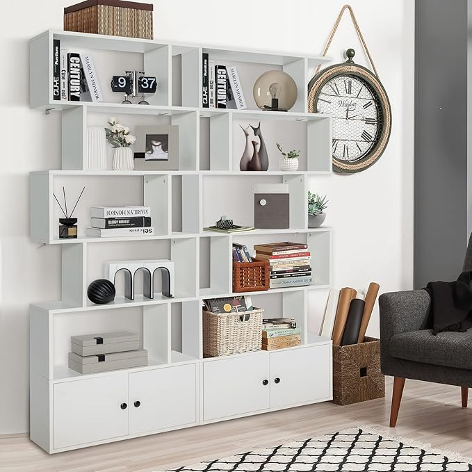 6-Tier Geometric Bookcase Set of 2, 72” Freestanding Room Divider Bookshelf with Open Display Shelves & Storage Cabinet, Wood S-Shaped Storage Organizer for Living Room, Bedroom & Home Office