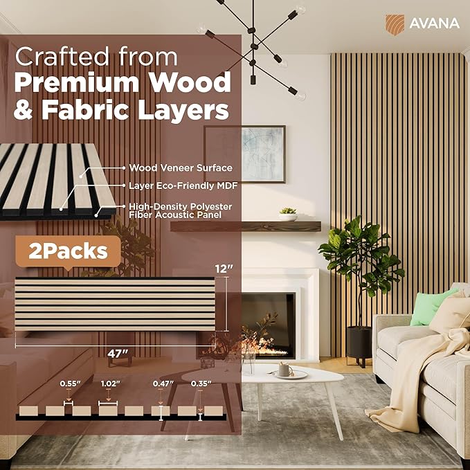 Avana Acoustic Wood Wall Panels – 47.2 X 12.6 White Oak Acoustic Panels 2 PCs – Modern Wall Panels For Interior Wall Decor For Homes, Offices, Studios – Sturdy And Durable Wood Panels For Wall