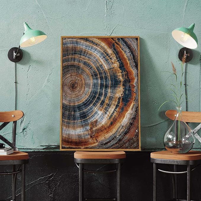 BingruiArt Framed Tree Ring Canvas Wall Art Abstract Wood Wall Decor Boho Modern Colorful Nature Painting Wood Stump Prints Pictures for Living Room Bedroom Bathroom Office 16"x24" Natural Framed(04)