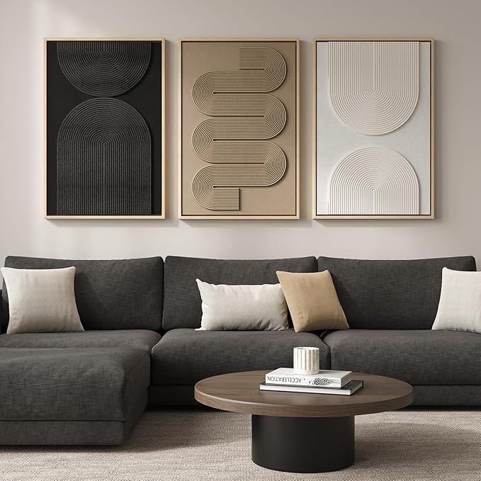 Large 3D Textured Framed Boho Neutral Abstract Wall Art for Living Room, 3 Piece Modern Paintings Artwork for Walls, Black White Brown Minimalist Geometric Pictures for Hallway Office Wall Decor 24x36 In