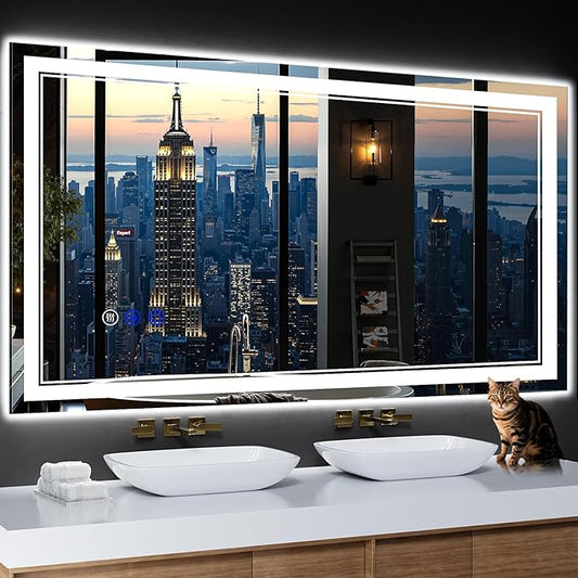 55"x30" LED Bathroom Mirror with Anti-Fog, Stepless Dimmable Lights, 3 Color Modes, Shatter-Proof Tempered Glass, Memory Function & Waterproof Design