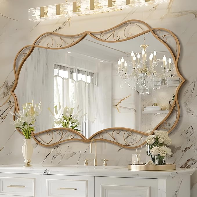 Bathroom Matt-Gold Wall Mirror: 30"x48" Vintage Large Mirror for Wall - Vertical or Horizontal Hanging - Home Decor for Living Room/Entryway/Fireplace/Hallway