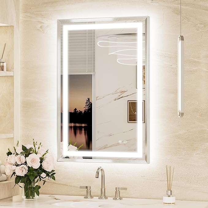 Keonjinn 24 x 36 Inch Lighted Bathroom Mirror with Frontlit & Backlit, Brushed Nickel LED Mirror for Bathroom, Tempered Glass, UL Listed LED Driver, Beveled Frame, 3 Color Lights, Anti-Fog, Dimmable