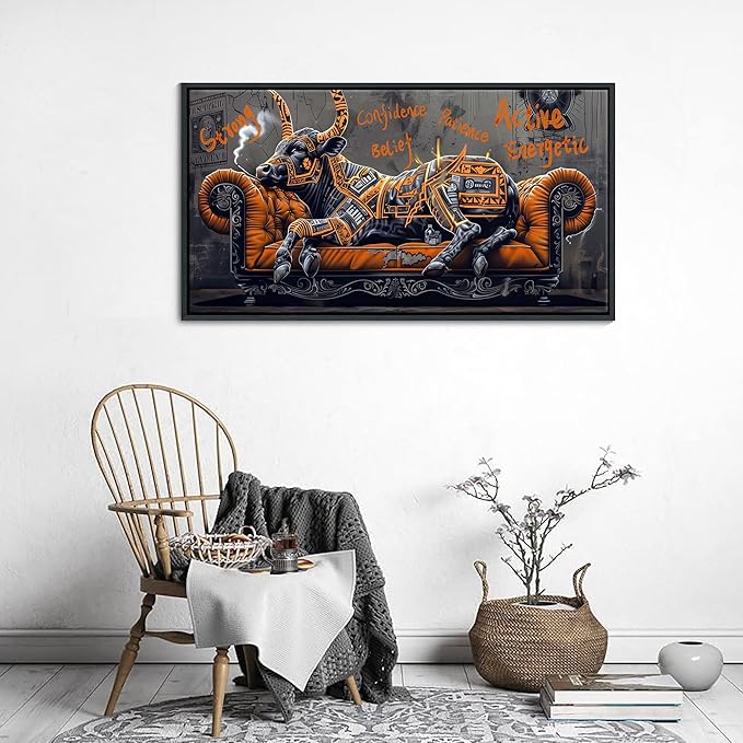 JEAWA Framed Canvas Wall Art - Creative Wall Art for Bedroom Living Room Bathroom, Modern Artwork Decor for Home Decoration, Strong Bull Color Graffiti, 20x40 IN