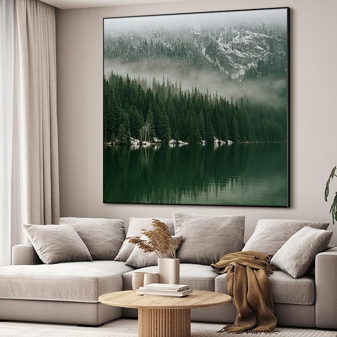 72"x72" XL Framed Wall Art - Misty Forest Landscape Green Pine Trees (Frame Assembly Required)