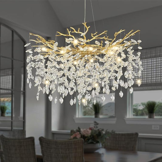 Modern Crystal Chandeliers for Dining Room, 24" Gold Tree Branch Chandelier 8 Lights Kitchen Island Lighting Round Dining Room Chandelier Over Table Embossed Chandelier for Living Room