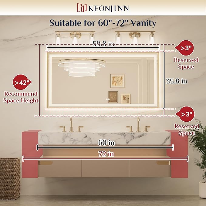 Keonjinn 60 x 36 Inch Gold Bathroom LED Mirror with Frontlit & Backlit, Large LED Vanity Mirror, HD Tempered Glass, Aluminium Alloy Beveled Frame, 3000K/4500K/6000K, Dimmable, Defogging, Shatter-proof