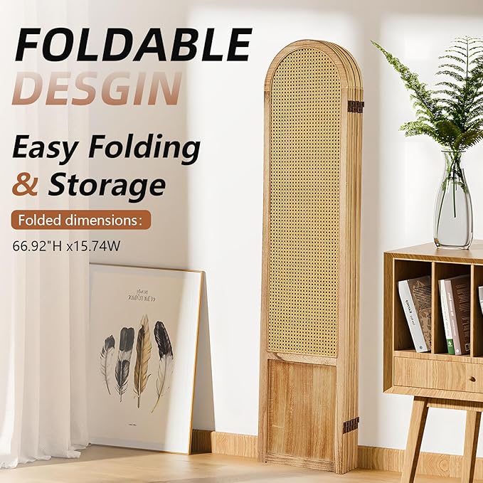 6 Panel Room Divider and Folding Privacy Screen, 5.6 Ft Foldable Double Hinged Rattan Partition, Hand-Woven Rattan Room Divider Portable Wood Freestanding Wall Divider for Room Separation - Natural