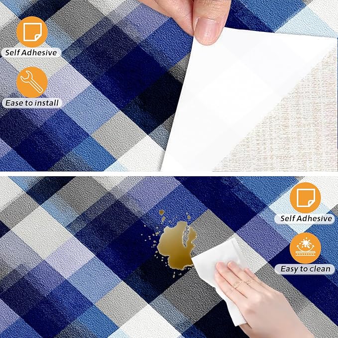 Nuxovilar Blue Plaid Checkered Textured Peel and Stick Wallpaper, 15.75"x39.37", Self-Adhesive Contact Paper, Classic Tartan Design for Bedroom, Living Room and Table Decor