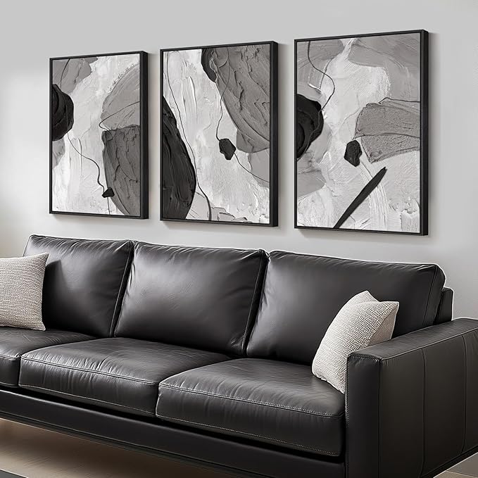 Large Framed Black and White Gray Abstract Canvas Wall Art, Set of 3 Piece Contemporary Paintings Artwork for Walls, Modern Minimalist Prints Pictures for Living Room Hallway Office Wall Decor, Total 30x60 Inch