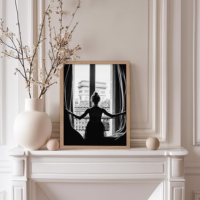 Poster Master Vintage Photograph Poster - Retro Minimalist Print - Girl In The Open Window, Black & White, Simple - Gift for Artist, Friend - Wall Decor for Living Room, Dorm, 11x14 Beige Framed
