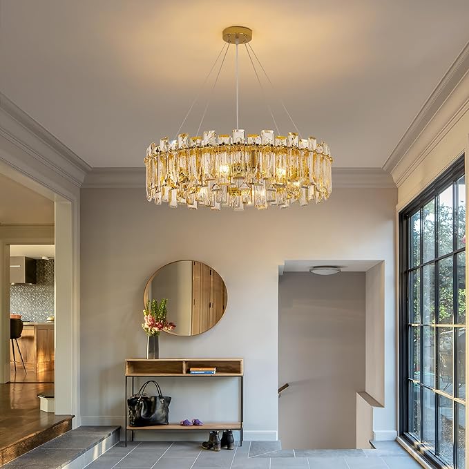Modern Luxury K9 Crystal Chandelier 10-Lights Gold Round Pendant Light Easy Install Ceiling Hanging Light Fixture for Dining Living Room Kitchen Island Entryway Foyer D31.5