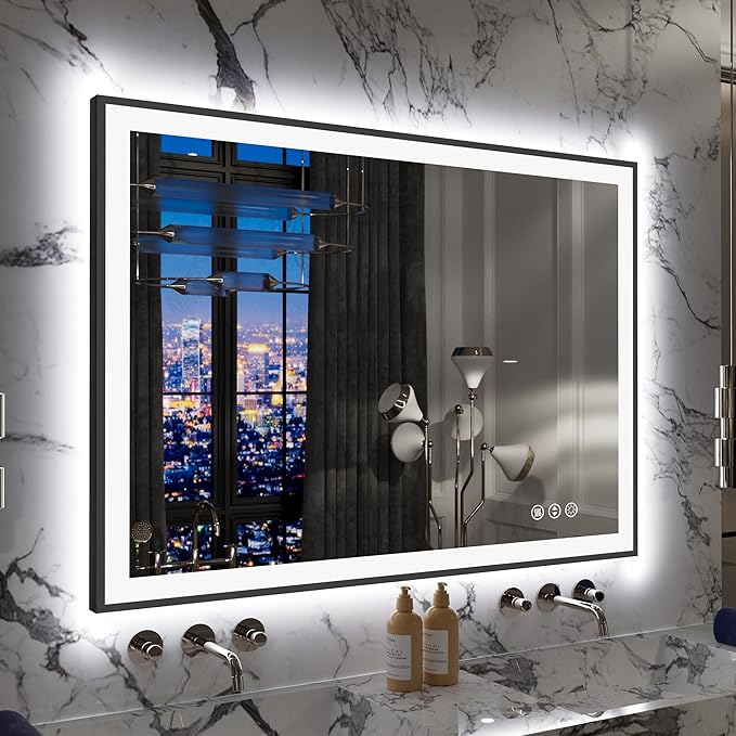 LED Bathroom Mirror 44"x32"- Lighted Vanity Mirror with Backlit and Front Light, Framed Dimmable Illuminated Mirror for Wall, Anti-Fog, Shatterproof, Memory, 3 Colors (Horizontal/Vertical)