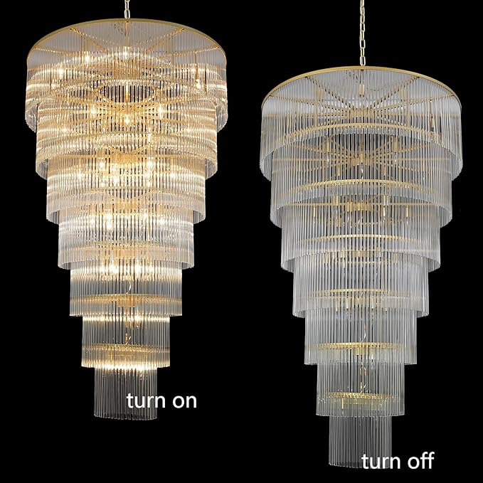 Large Gold Chandeliers H68 Modern High Ceiling Chandelier 7-Tier Glass Chandelier Foyer Entryway Ceiling Light Fixture for Staircase Grand Living Room Entry Extra Long