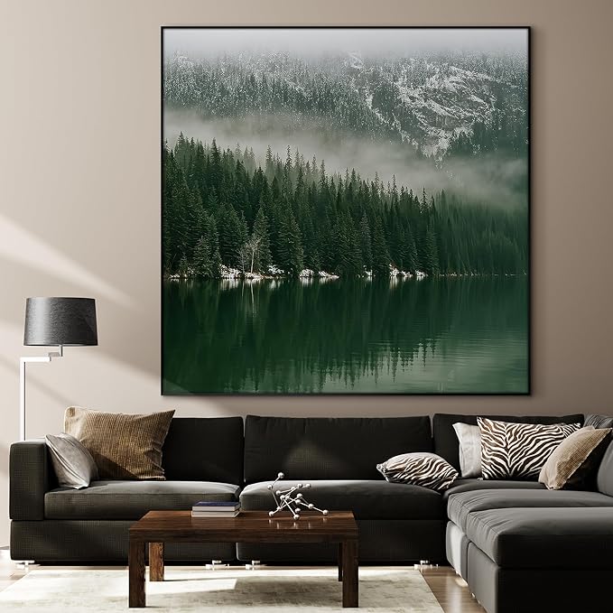72"x72" XL Framed Wall Art - Misty Forest Landscape Green Pine Trees (Frame Assembly Required)