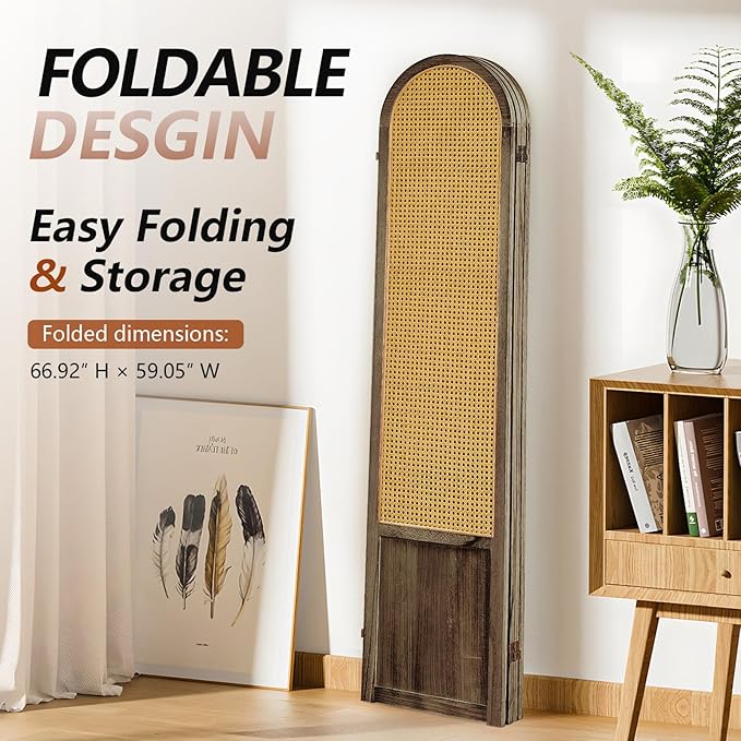 4 Panel Room Divider and Folding Privacy Screen, 5.6 Ft Foldable Double Hinged Rattan Partition, Hand-Woven Rattan Room Divider Portable Wood Freestanding Wall Divider for Room Separation - Brown