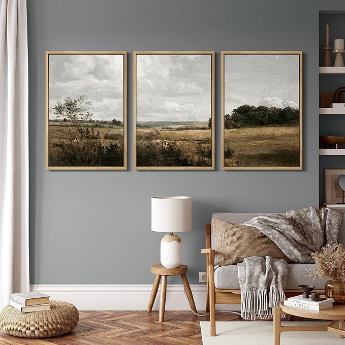 MUDECOR Framed Canvas Print Wall Art Rustic Fields Tranquil Countryside Landscape Nature Wilderness Illustrations Realism Decorative for Living Room, Bedroom, Office - 24"x36"x3 Natural