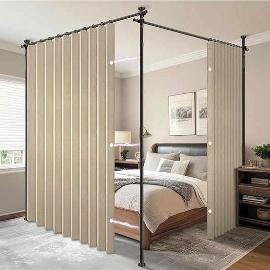 AJAZZ Room Divider Curtain (2 Panels, Beige, W100 x L84 in)+ Curtain Rods No Drilling Adjustable Tension (H) 43-120×(W) 35-200 in, Heavy Duty Wall Divider for Apartment/Dorm