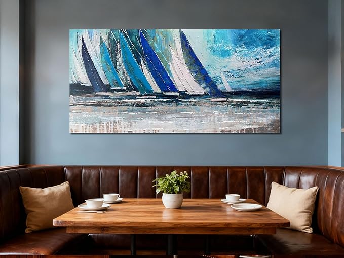 Arjun Blue Abstract Wall Art Canvas for Living Room Teal Ocean Sailboat Textured Bedroom Picture Modern Turquoise Coastal Nautical Painting Large Framed Artwork Home Office Wall Decor, 48"x24"