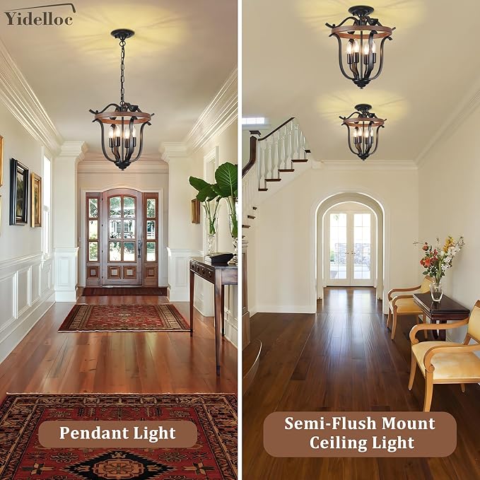 Black Farmhouse Chandelier 4 Lights, Vintage Cage Chandeliers E12 Base Ceiling Light Fixtures Semi Flush Mount Lantern Pendant Light for Dining Room Entryway Hallway Foyer Kitchen