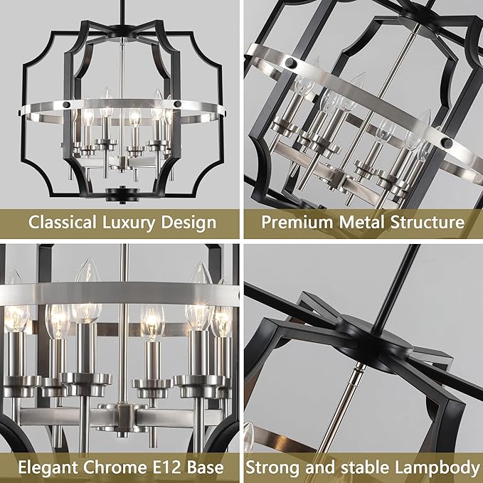 19.7'' Modern Chandelier 6-Light Black and Brushed Nickel Dining Room Light Fixture, Adjustable Industrial Drum Hanging Pendant Lights for Kitchen Island Hallway Entryway Foyer