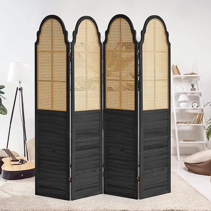 4 Panel Rattan Room Divider, 6 FT Tall Portable Partition Solid Wood Frame Folding Privacy Screen, Partition Room Divider Ideal for Bedroom Living Room Office, Black