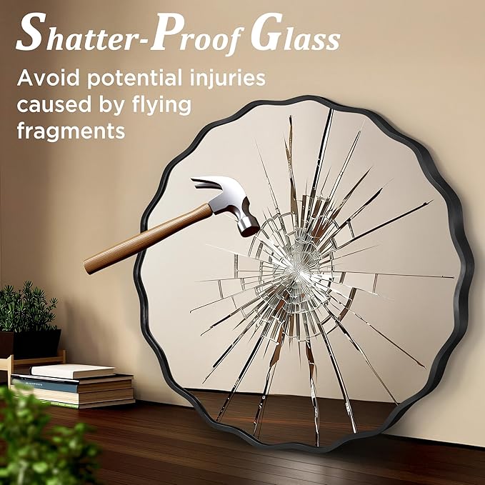 Black Round Mirror for Wall, 24"x24" Decorative Wavy Bathroom Mirror with Brushed Alloy Steel Frame & Shatter-Proof Glass, Hanging Circle Wall Mirrors for Bathroom, Entryway, Bedroom