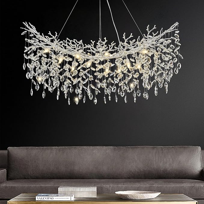 Modern Crystal Chandelier, L47 Silver Tree Branch Chandeliers for Dining Room 14 Lights Large Rectangular Chandeliers for High Ceilings Living Room Chandelier, Height Adjustable