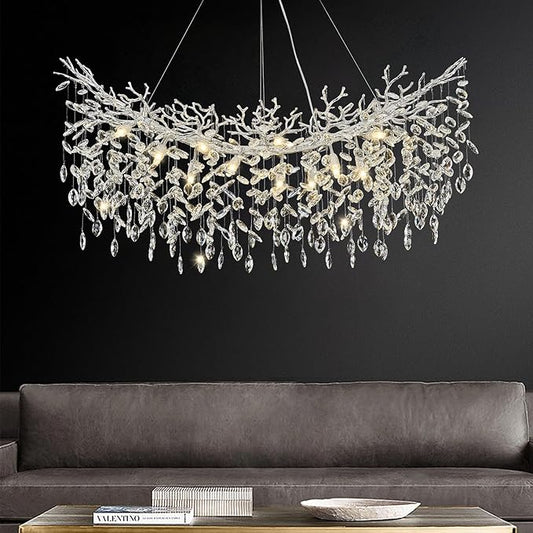 Modern Crystal Chandelier, L47 Silver Tree Branch Chandeliers for Dining Room 14 Lights Large Rectangular Chandeliers for High Ceilings Living Room Chandelier, Height Adjustable