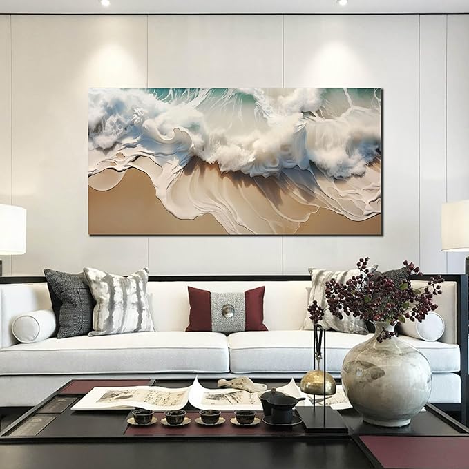 Ocean Waves Canvas Wall Art for Living Room, Beach Scenery View Home Decor Picture, Sea Waves Canvas Wall-Decoration, Modern Seaside Scene Decorative Print Artwork for Bedroom, Large Size 59x29 Inches