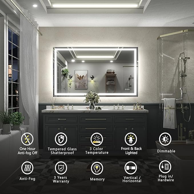 LED Bathroom Mirror for Wall 84x40, Large Lighted Vanity Mirror with Lights, Dimmable, Anti-Fog, Shatter-Proof, Memory, ETL Listed (Front Lights + Backlit)