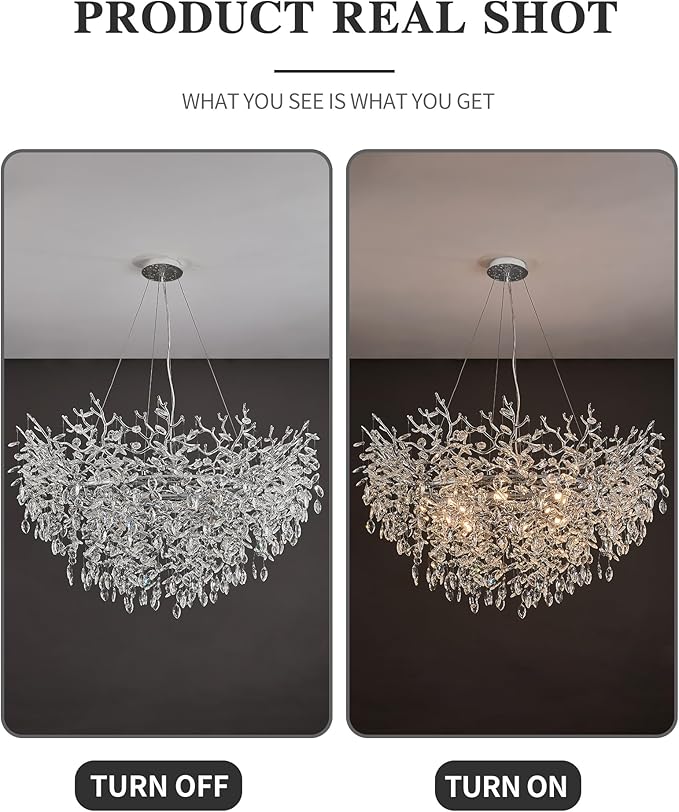 Modern Crystal Chandelier for Dining Room, 39.5" Chrome Tree Branch Chandeliers, 12-Light Luxury K9 Crystal Round Chandeliers for Kitchen Island Living Room