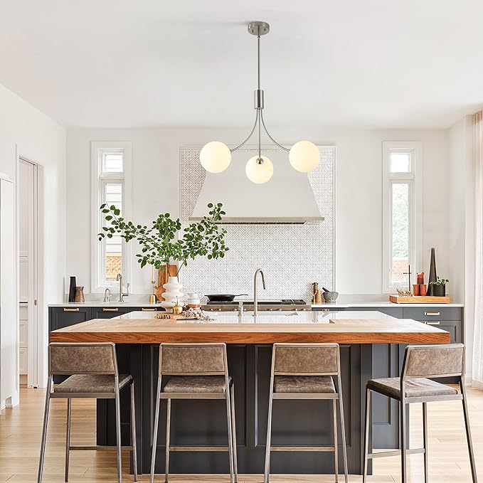 3-Light Brushed Nickel Chandelier Milk Globe Glass Pendant Lights Kitchen Island, Modern Sputnik Globe Chandeliers for Dining Room Entryway Hallway Foyer Bedroom Office Bathroom