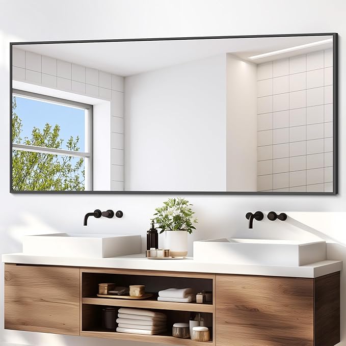 Black Bathroom Mirror for Wall, 72x36 Inch Rectangle Mirrors with Metal Frame, Modern Vanity Wall Mirror Decor for Entryway Hangs, Bathroom Living Room Horizontal or Vertical