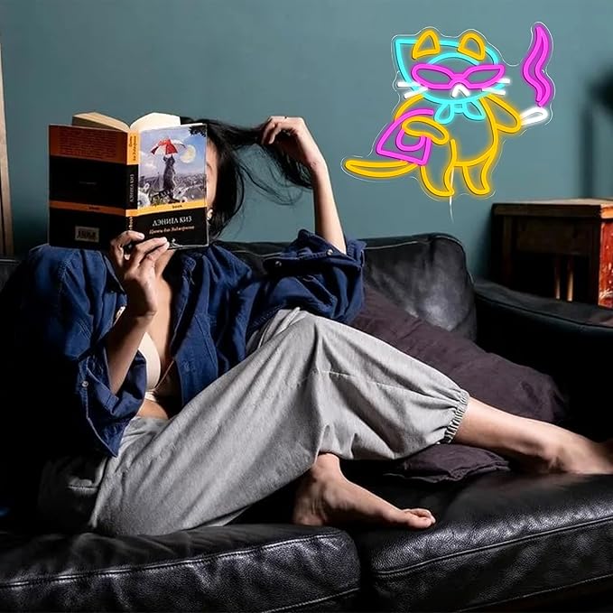 Lady Cat Neon Sign USB Powered Cool Glasses Cat LED Light Sign for Wall Decor Dimmable Fashion Kitty Neon Light for Bedroom Living Room Man Cave Bar Party Fashion Store Pet Shop