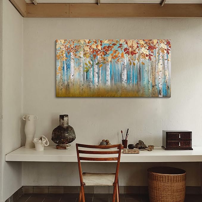 Birch Tree Canvas Wall Art Landscape Yellow Picture Wall Decor for Living Room Large Bedroom Wall Decor Above Bed Framed Artwork for Walls 24×48IN